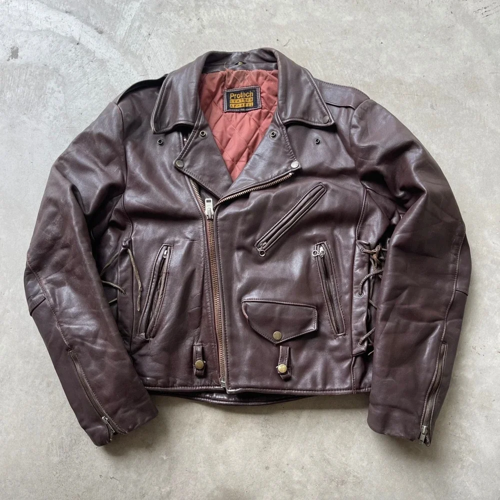 Vintage Protech Leather Apparel Brown Biker Motorcycle Jacket Mens 44 Laced Side